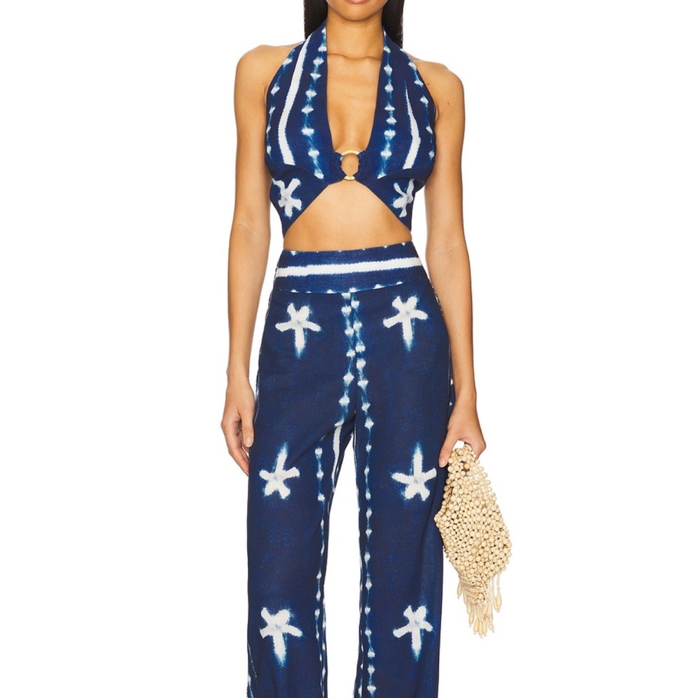 Just Bee Queen (JBQ) Navy Tie-Dye Halter Crop Top & Wide Leg Pants Set